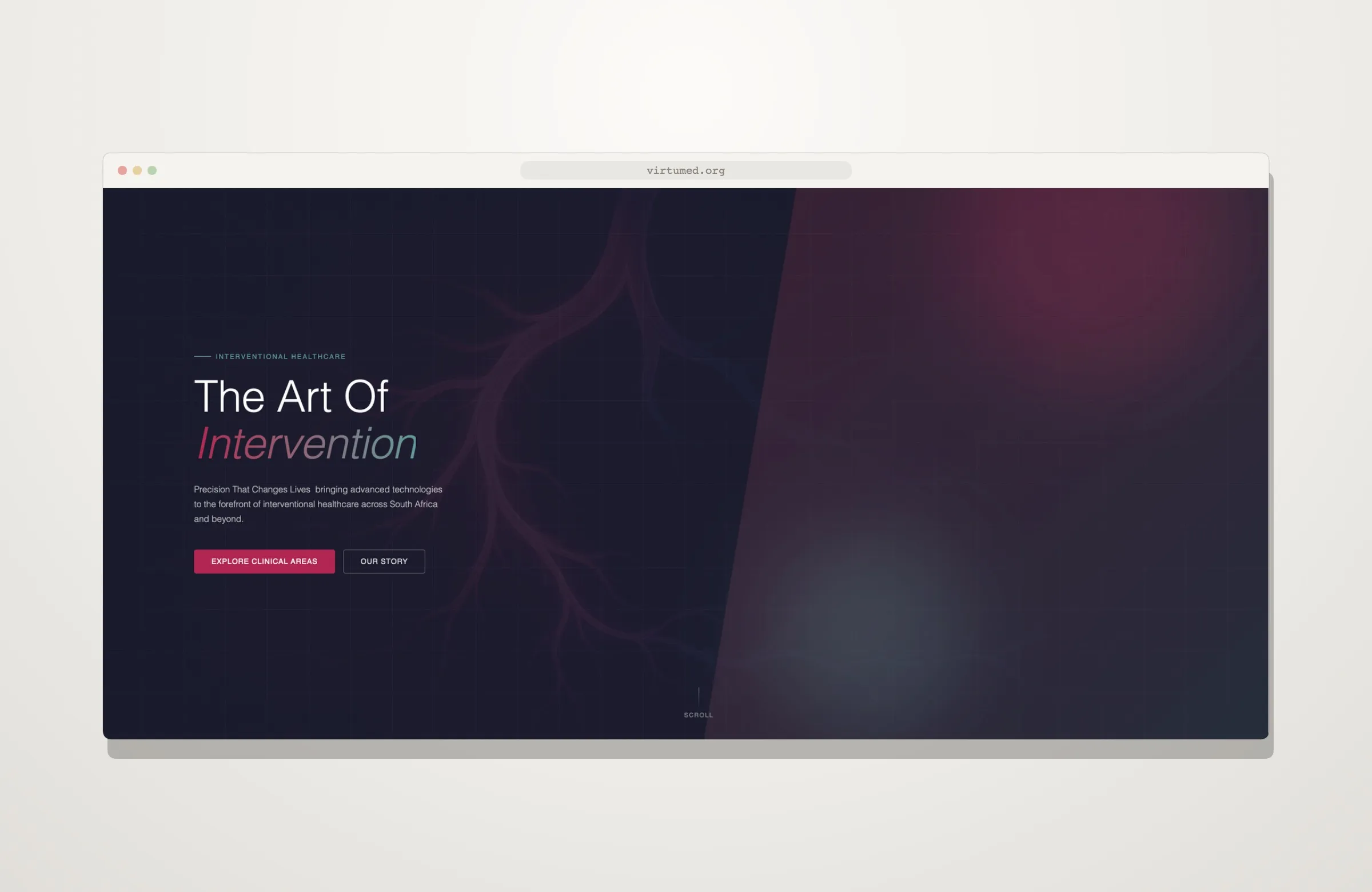 The Virtumed home page in a browser window, with a dark hero reading The Art Of Intervention