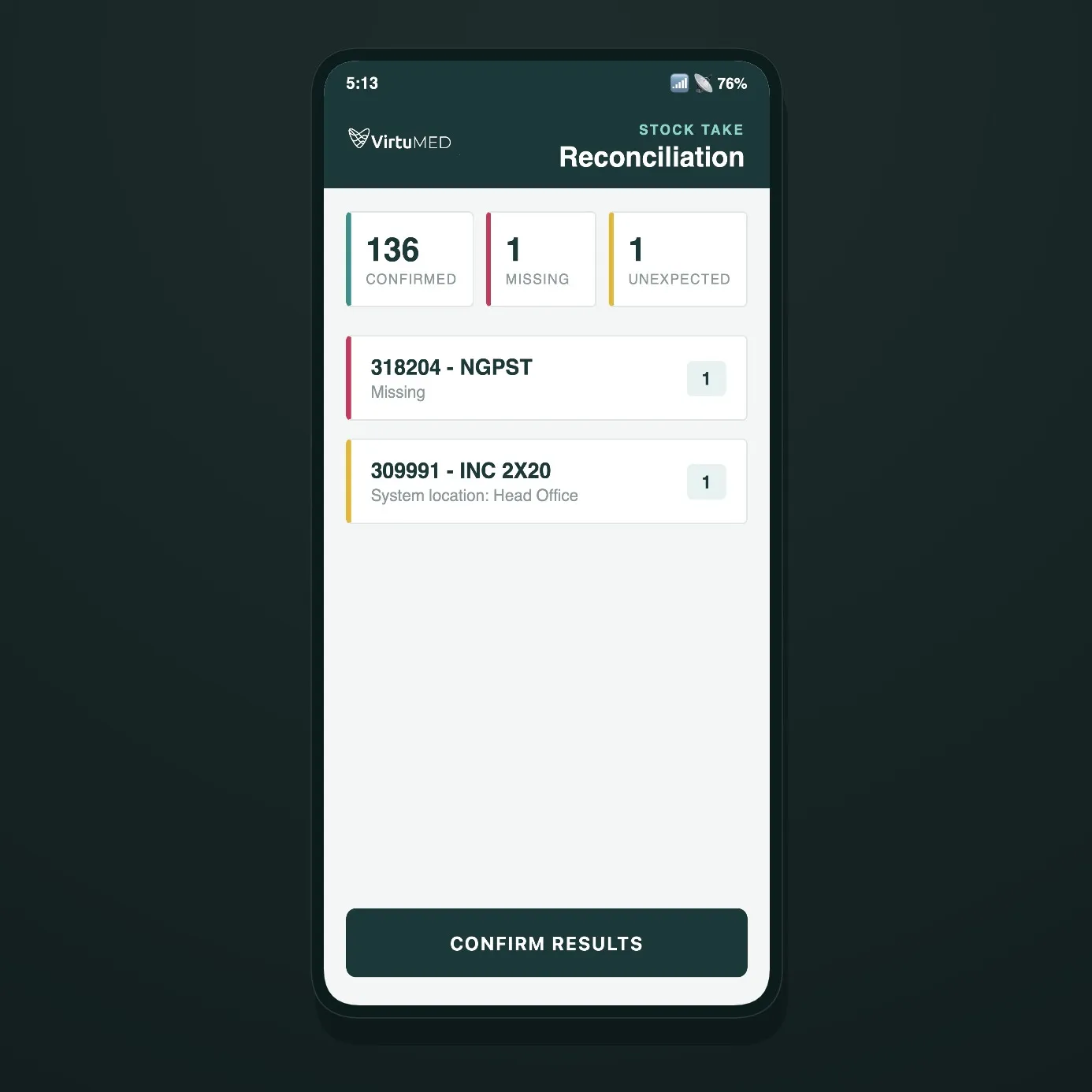 The reconciliation screen showing confirmed, missing and unexpected counts