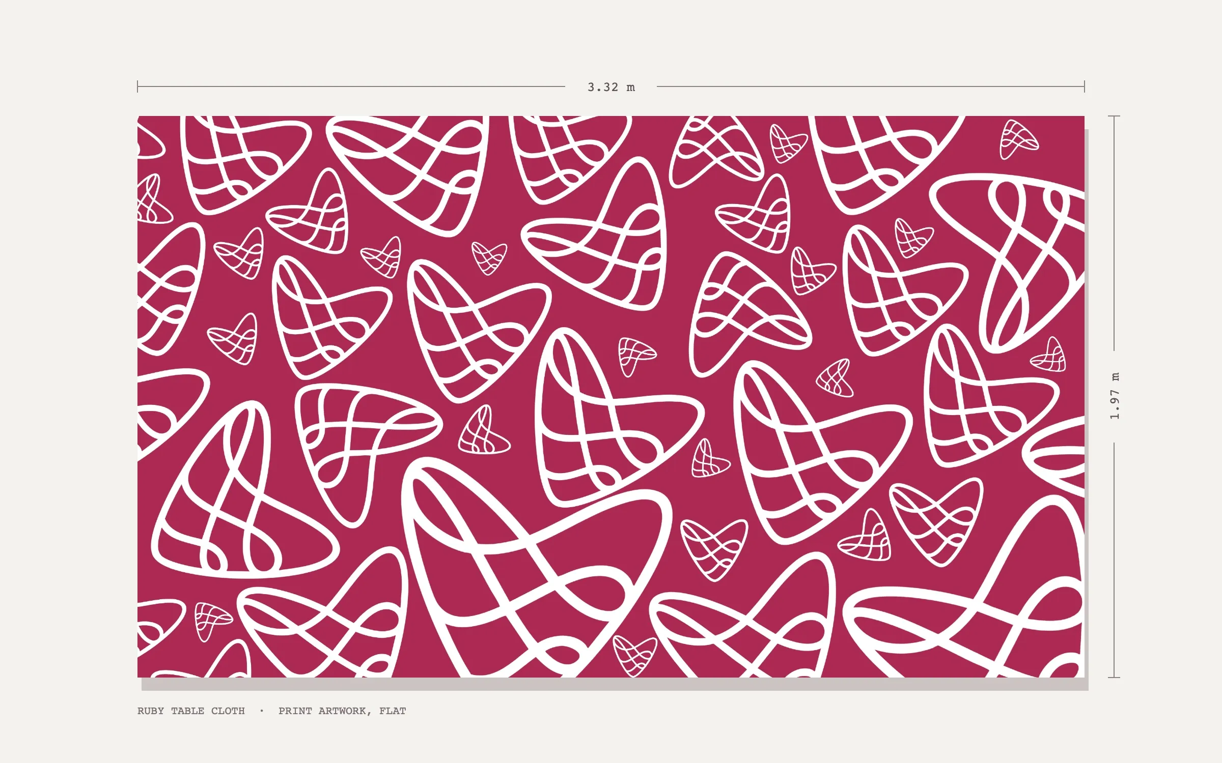 The flat print artwork with its dimensions marked