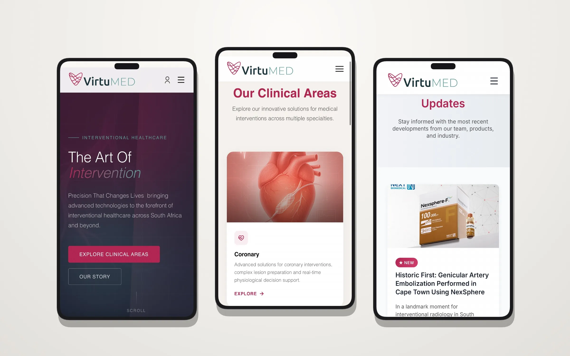 Three phones showing the home, clinical areas and updates pages