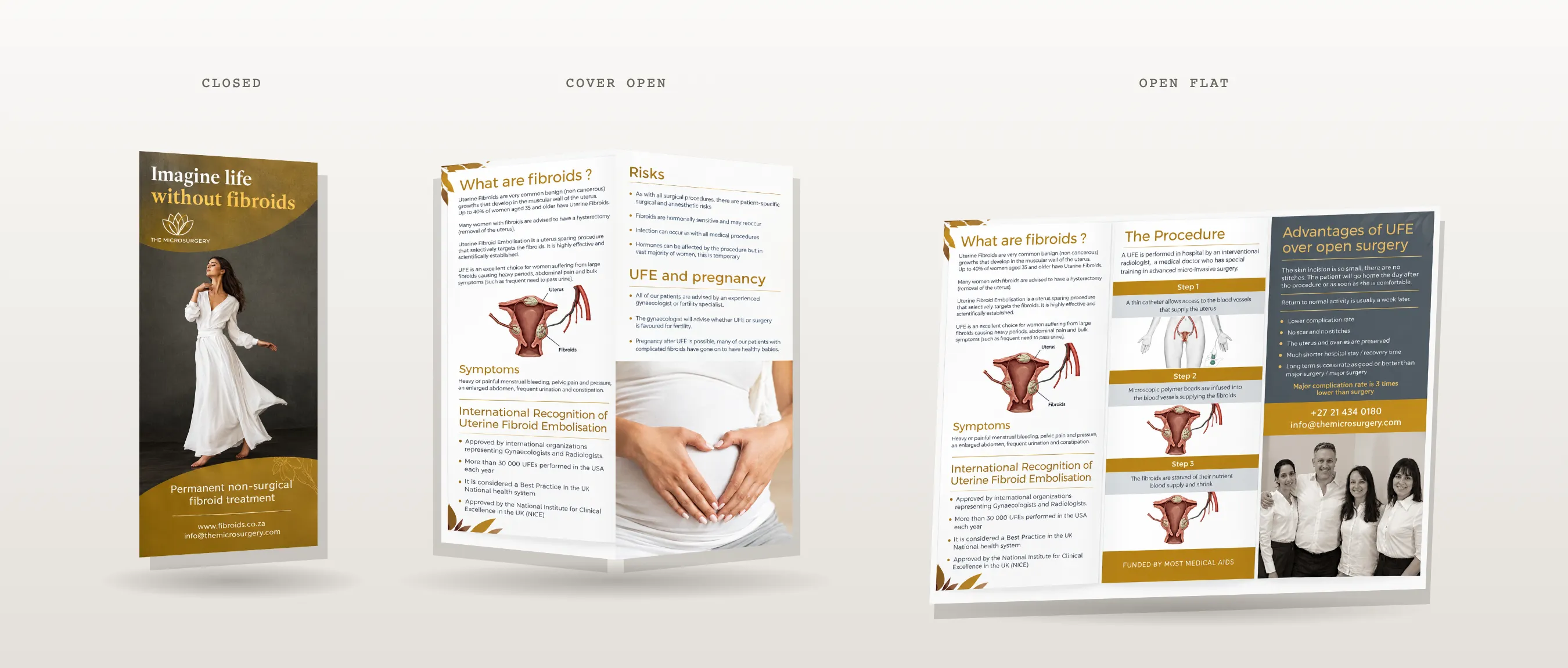 The pamphlet closed, with the cover open, and fully open