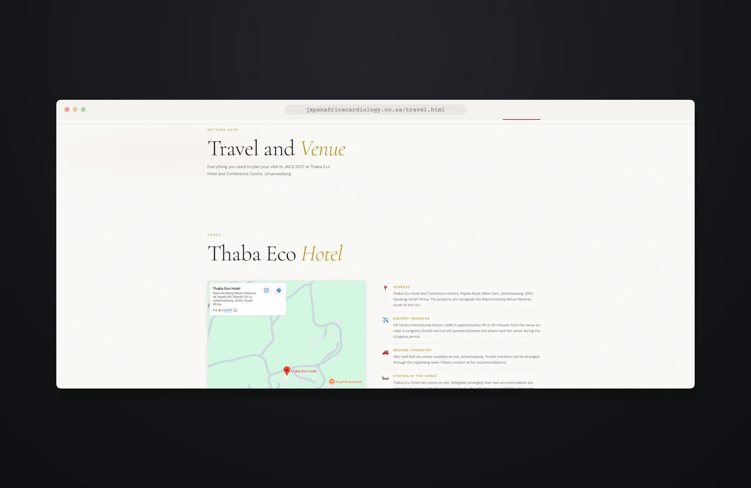 The travel and venue page with an embedded map