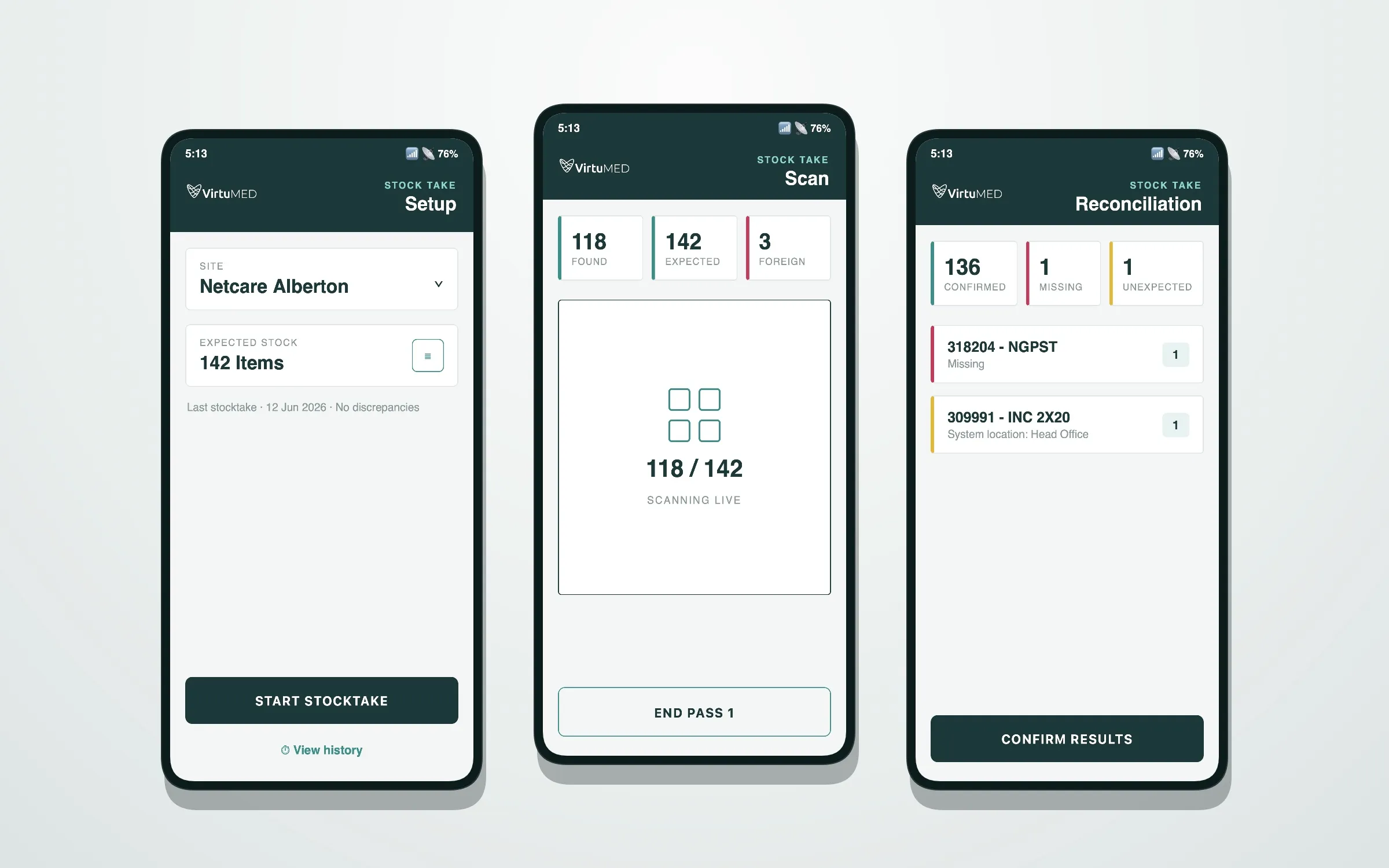 Three phones showing setup, scanning and reconciliation