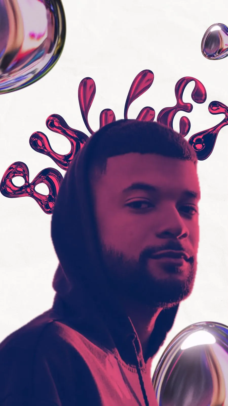 A portrait of a man in a hoodie with magenta liquid shapes rising from his head and chrome spheres around him
