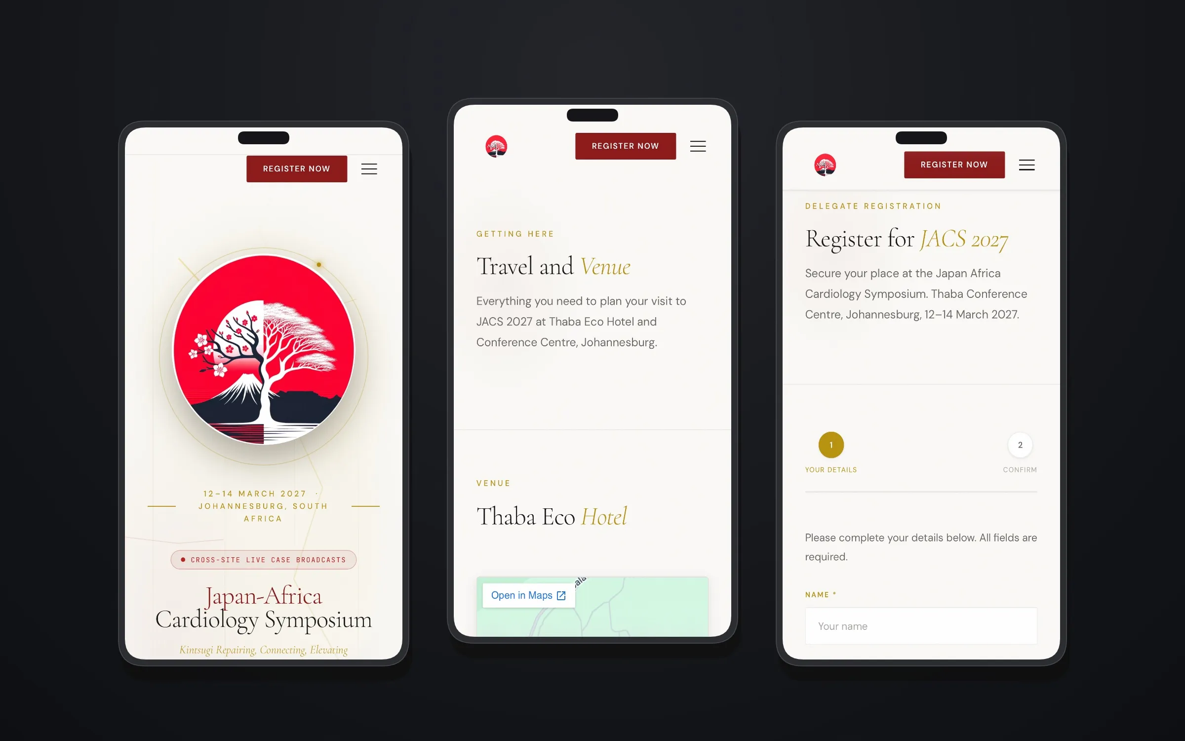 Three phones showing the home, travel and registration pages
