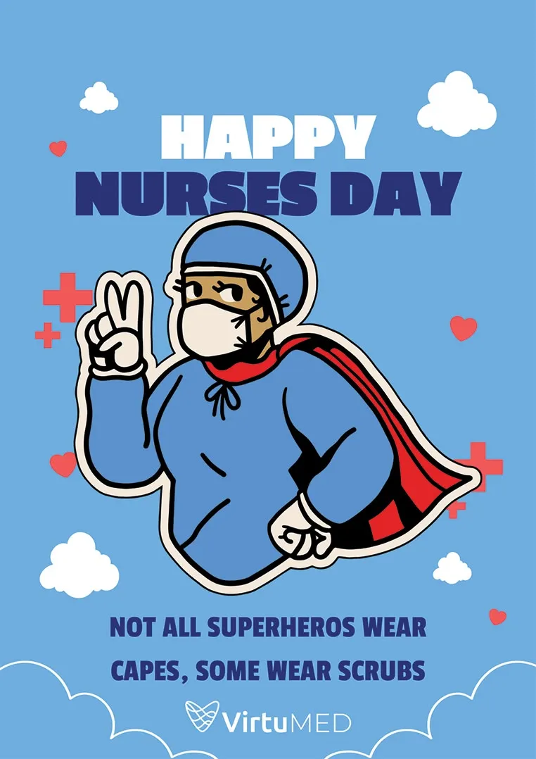 Illustration of a nurse in scrubs and a cape giving a peace sign, captioned Happy Nurses Day