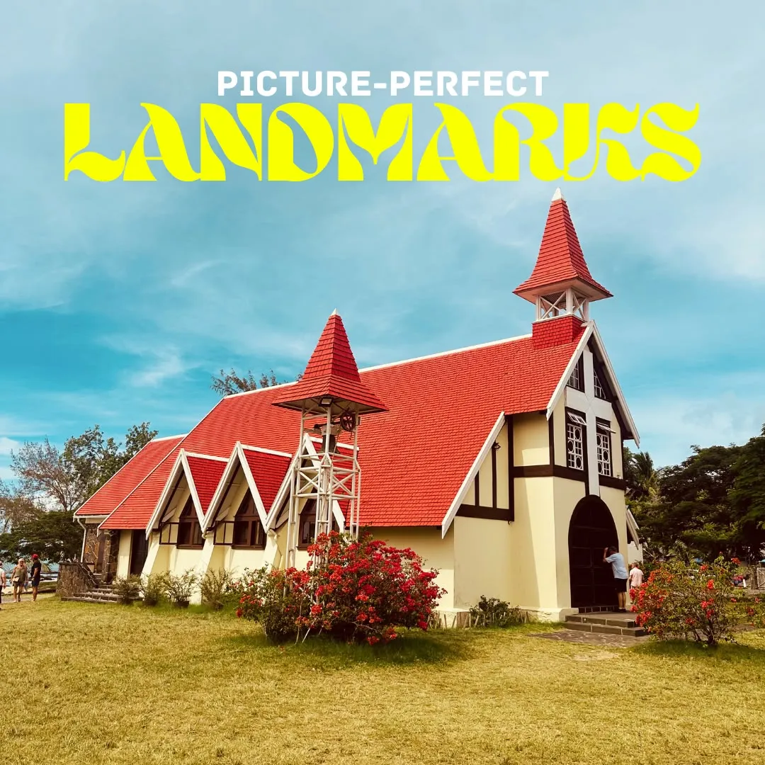 A red-roofed church under a blue sky, titled Picture-perfect landmarks