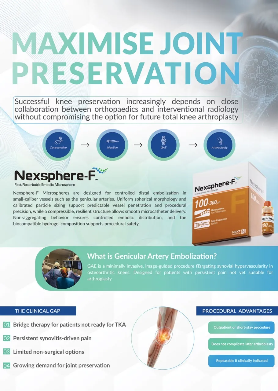 Flyer titled Maximise joint preservation, introducing Nexsphere-F and genicular artery embolisation
