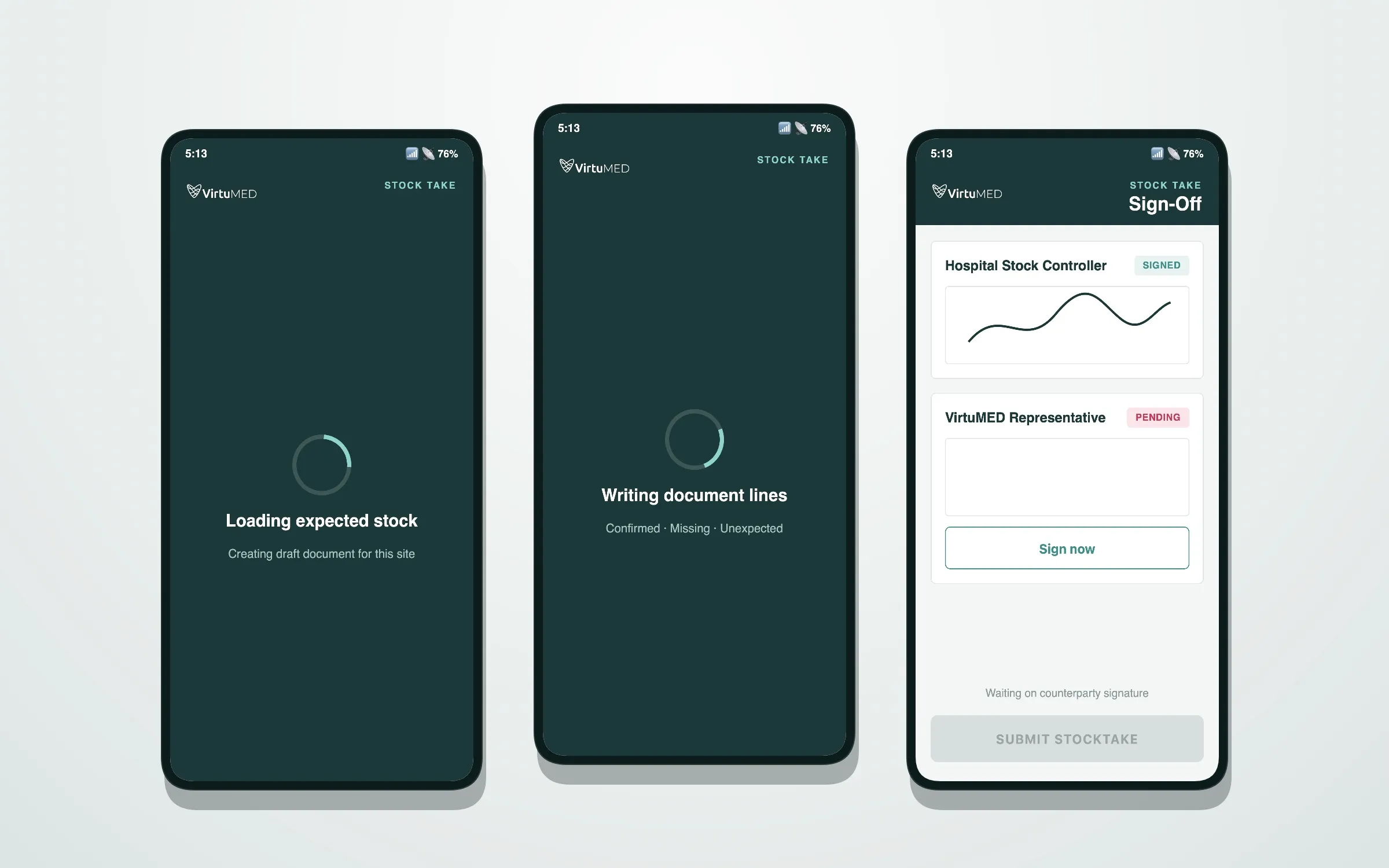 Three phones showing the loading screen, the saving screen and sign-off